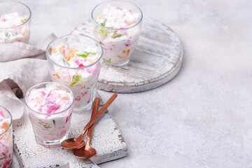 Multicolored dessert with fruit jelly