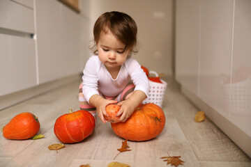 Fototapeta premium little cheerful girl holds pumpkins in a bright kitchen.The concept of healthy food, baby food and Halloween