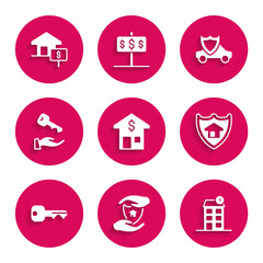 Set House with dollar, shield, key, Car and icon. Vector