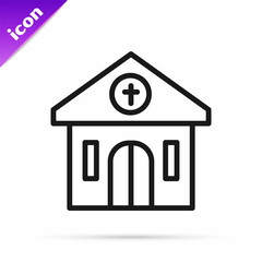 Black line Church building icon isolated on white background. Christian Church. Religion of church. Vector