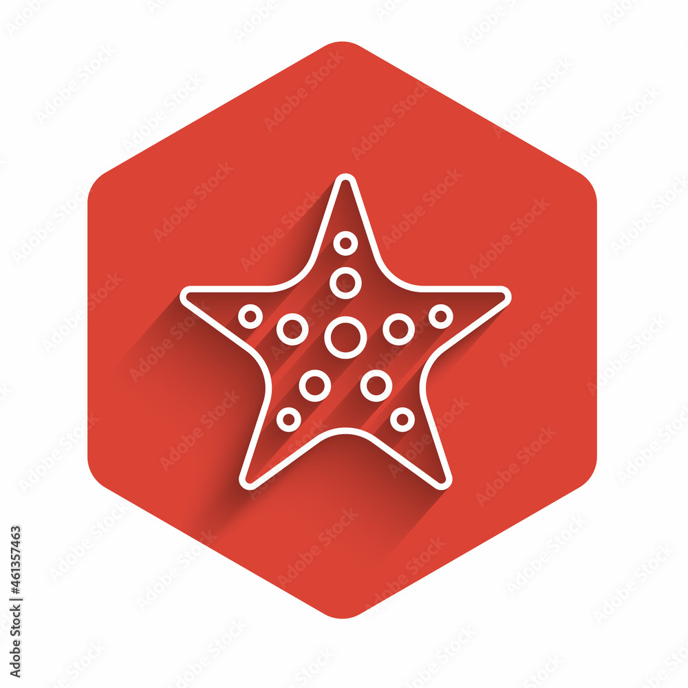 Poster white line starfish icon isolated with long shadow. red hexagon button. vector