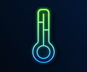 Glowing neon line Meteorology thermometer measuring icon isolated on blue background. Thermometer equipment showing hot or cold weather. Vector