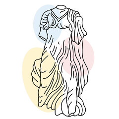 Vector illustration of antique statue of woman. Line drawing of ancient greek sculpture with color spots background.