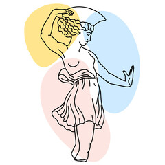 Vector illustration of antique statue of dancing girl. Line drawing of ancient greek sculpture with color spots background.
