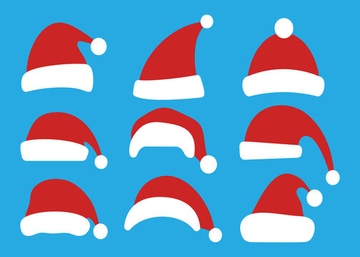 Set of Christmas hats isolated on blue background. Santa Claus hat bundle. New Year and Christmas decoration element. Vector illustration