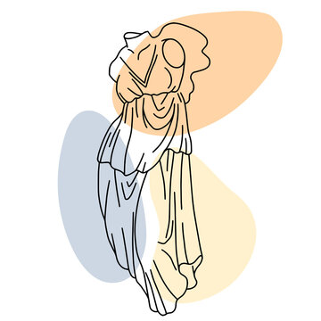 recommend clip art: Vector illustration of antique statue of Winged Victory. Line drawing of ancient greek sculpture with color spots background.