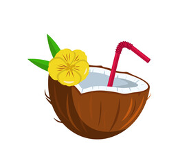 Coconut cocktail with yellow flower and straw. Coconut drink isolated on white background. Stock vector illustration.