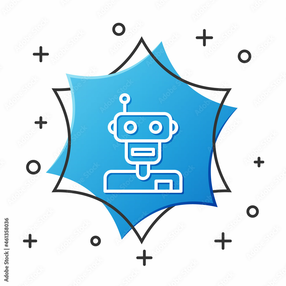 Poster white line robot icon isolated on white background. blue hexagon button. vector