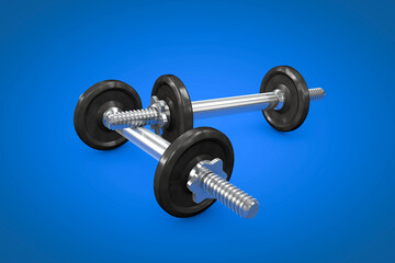 Fototapeta na wymiar dumbbell weights for exercise on blue background 3d illustration