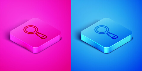 Isometric line Magnifying glass icon isolated on pink and blue background. Search, focus, zoom, business symbol. Square button. Vector