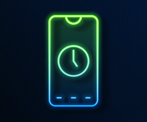 Glowing neon line Alarm clock app smartphone interface icon isolated on blue background. Vector