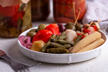 Assortment of marinated or pickled vegetable.