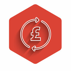 White line Coin money with pound sterling symbol icon isolated with long shadow. Banking currency sign. Cash symbol. Red hexagon button. Vector