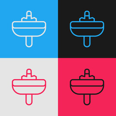 Pop art line Washbasin with water tap icon isolated on color background. Vector