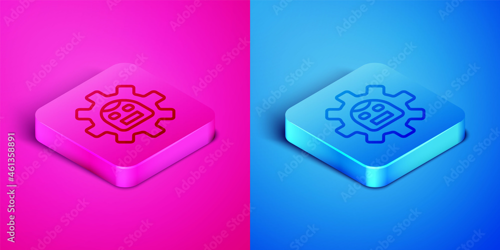 Poster isometric line robot icon isolated on pink and blue background. artificial intelligence, machine lea