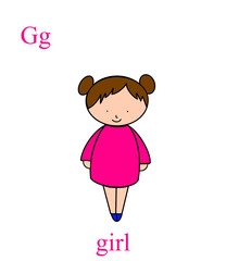 The alphabet, the letter g. Cute girl in a pink dress on a white isolated background