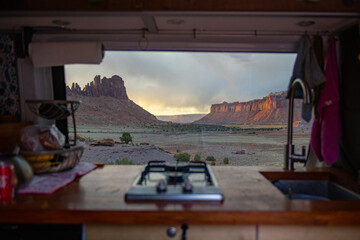 View out the window of a camper van of sunset, Indian Creek Utah