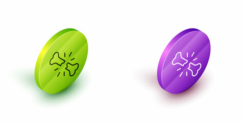 Isometric line Human broken bone icon isolated on white background. Green and purple circle buttons. Vector