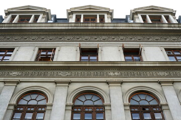 Facade of University of Bucharest . Architectural details of University of Bucharest old building in neoclassical style 