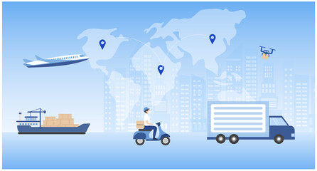 Global delivery technology concept. Business logistics, online delivery  by truck, drone, plane, motorbike vector illustration - obrazy, fototapety, plakaty