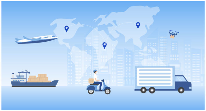 Global delivery technology concept. Business logistics, online delivery  by truck, drone, plane, motorbike vector illustration