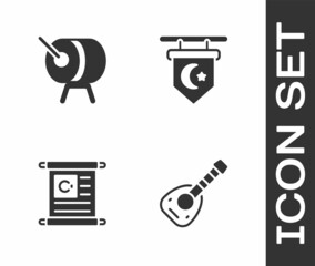 Set Lute, Ramadan drum, Holy book of Koran and Star and crescent icon. Vector