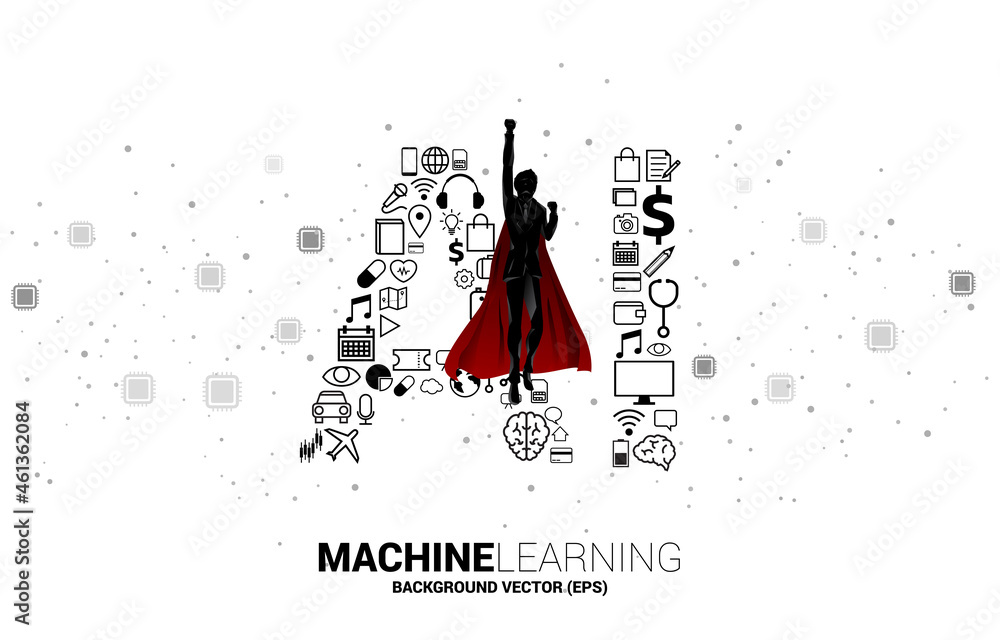 Poster Silhouette of superhero flying with AI from functional icon. Concept for machine learning and artificial intelligence.