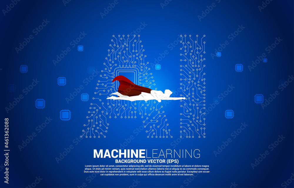 Aufkleber Silhouette of superhero flying with dot connect line shaped AI and CPU center. Concept for machine learning and artificial intelligence.