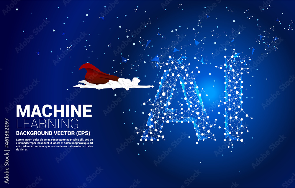 Poster Silhouette of superhero flying with Polygon dot connect line shaped AI. Concept for machine learning and artificial intelligence.
