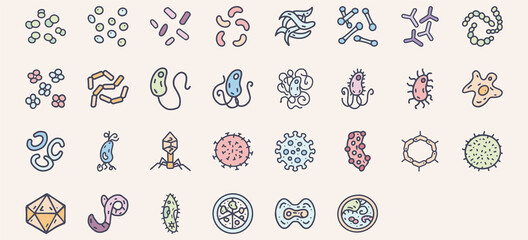 Bacteria and viruses color vector doodle simple icon big set
