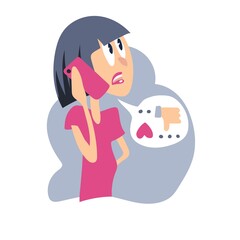 The girl is talking on the phone. A person expresses dissatisfaction. Vector illustration in a flat style