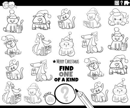 one of a kind game with pets on Christmas coloring book page