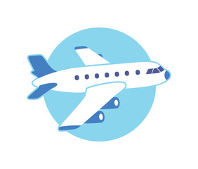 White jet airplane in blue sky fly up taking off icon