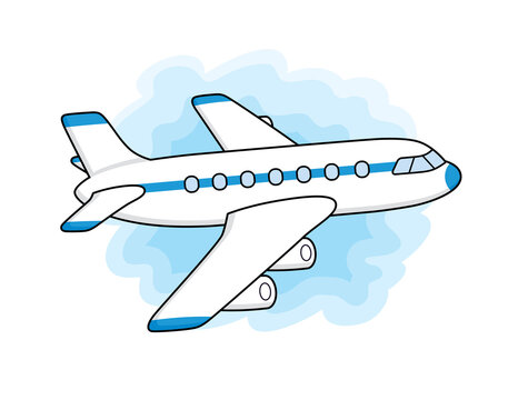 White airplane in blue sky cartoon icon