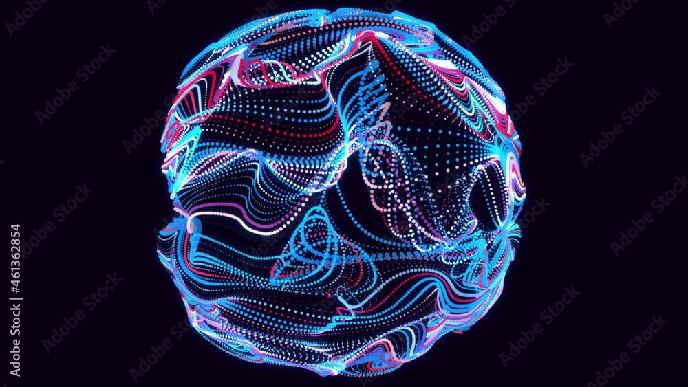 Poster particles form lines, plane with waves. abstract waves run along flat surface. round copy space for 