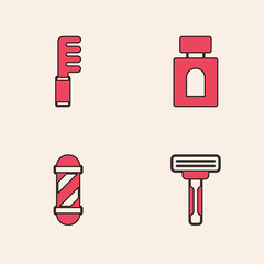 Set Shaving razor, Hairbrush, Aftershave and Classic Barber shop pole icon. Vector