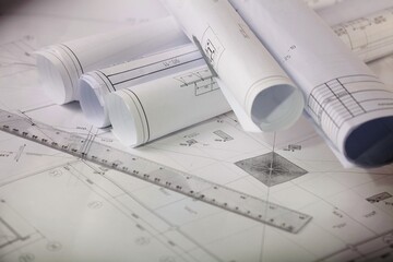 Ruler And Construction Plans Close-up