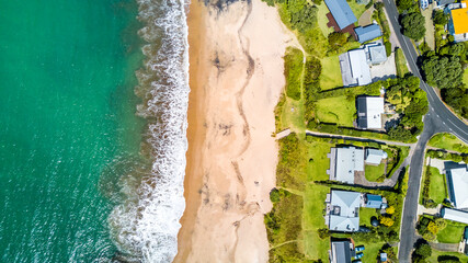 Residential houses on a sunny beach. North Island, New Zealand.