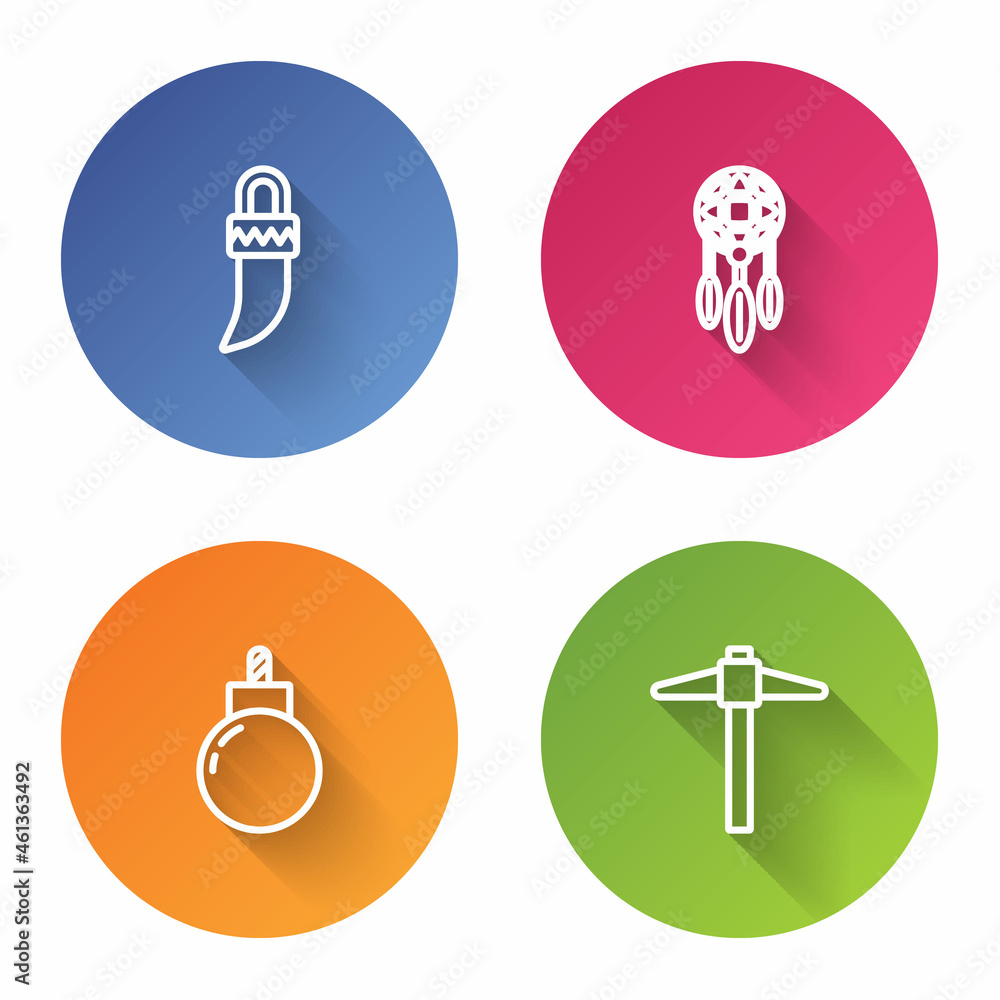 Poster set line tooth, dream catcher with feathers, bomb ready to explode and pickaxe. color circle button.