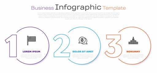 Set line American flag, Coin money with dollar and City landscape. Business infographic template. Vector