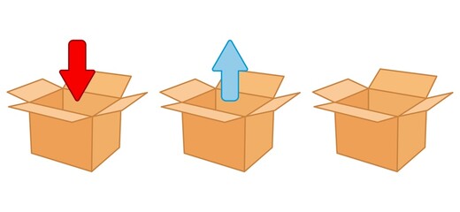 Open cardboard box mockup set with loading and unloading arrows. Delivery carton. Brown box with red and blue arrows. 