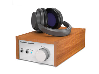 High quality modern amplifier and headphones (3d illustration).