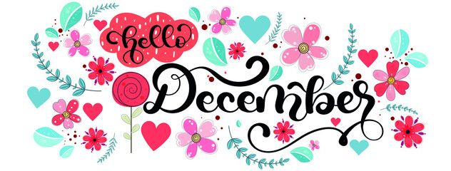 Hello December. DECEMBER month vector decoration with flowers and leaves. Illustration month December. Hello Winter
