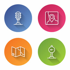 Set line Traffic light, Folded map with location marker, and sign turn left. Color circle button. Vector