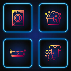 Set line Dirty t-shirt, Temperature wash, Washer and Basin with soap suds. Gradient color icons. Vector
