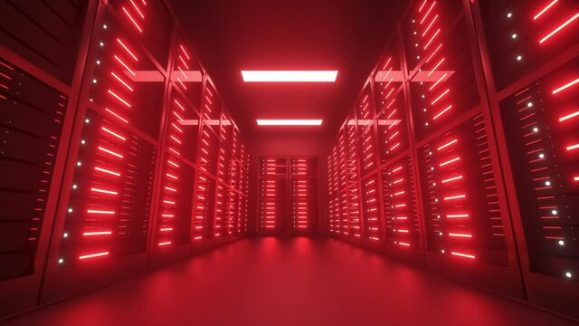 Endangered, hacked Datacenter server room interior walkthrough animation, 3d render 4k