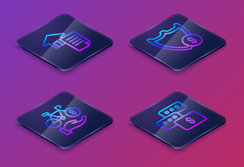 Set Isometric line House contract, Bicycle rental mobile app, Shield with dollar and Price negotiation. Blue square button. Vector