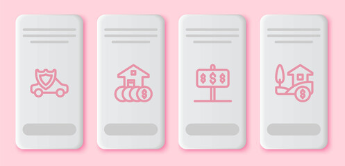 Set line Car with shield, House dollar, and . White rectangle button. Vector