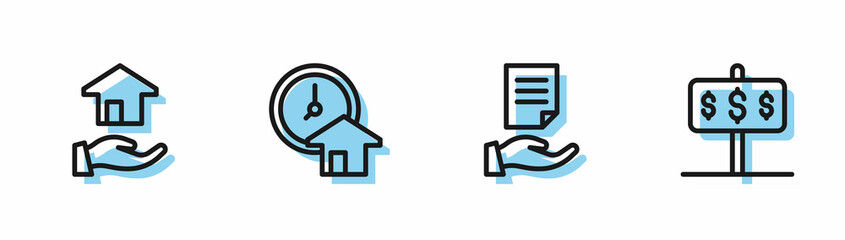 Set line House contract, Realtor, Time is money and with dollar icon. Vector