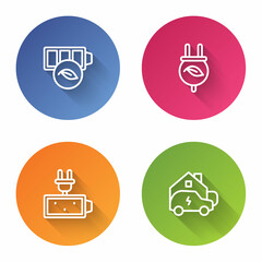 Set line Eco nature leaf battery, Electric saving plug in, Battery charge and Charging car home. Color circle button. Vector